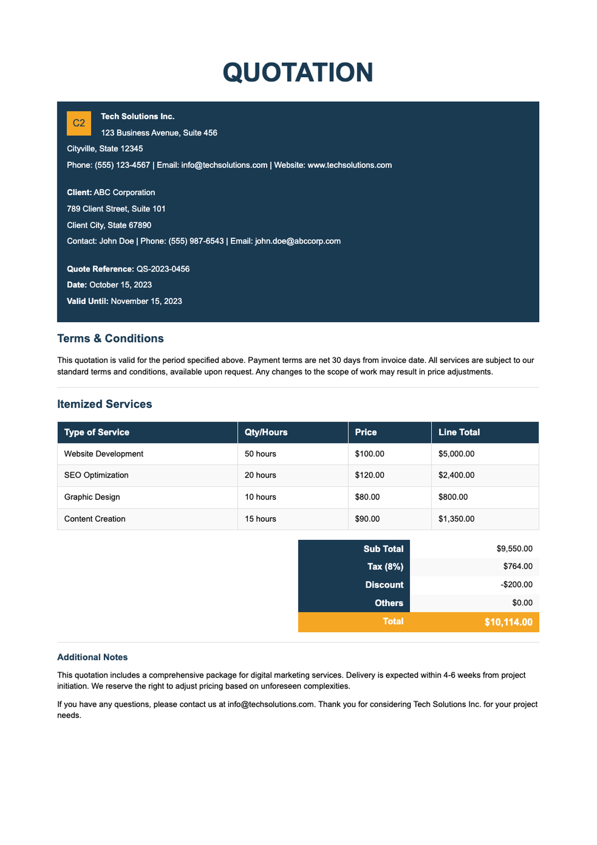 Professional quotation template with blue header and event details_variant_2